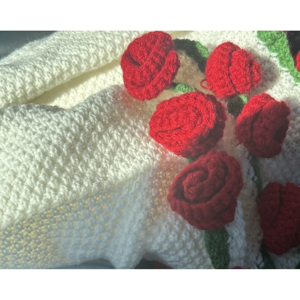 Handmade Crochet Flower Bouquet Blanket Red Rose 2-in-1 Transforming Throw Gift